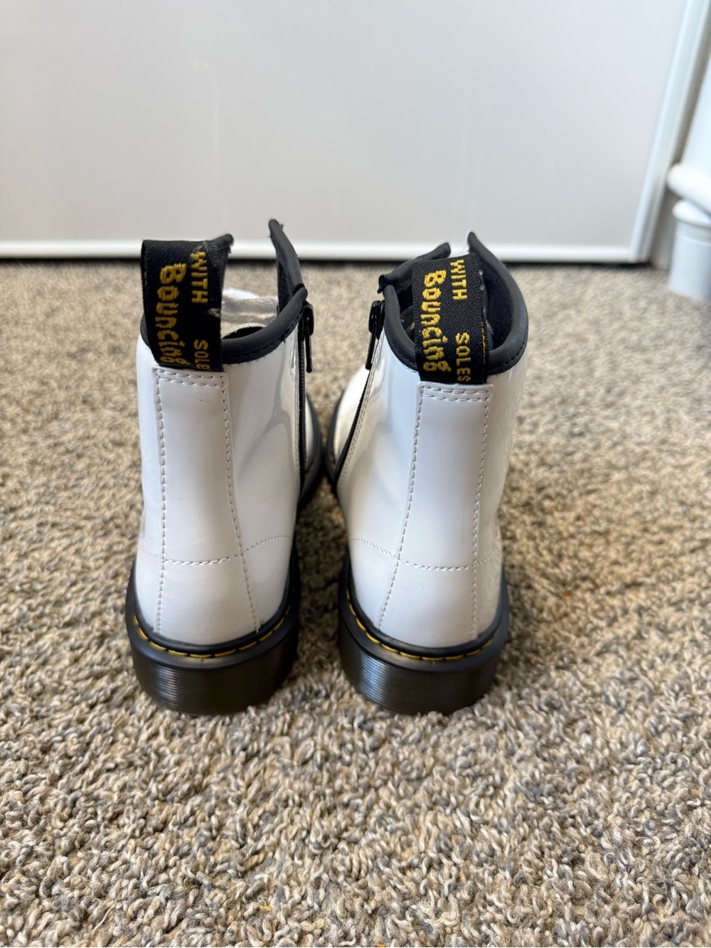 Dr. Martens White Patent Lace-Up Combat Boots with Black Trim - Picture 3 of 7